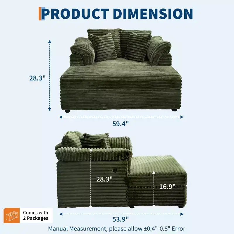 Poltrona chaise longue oversize da interno, comodo divano lounge in velluto a coste con ampi braccioli imbottiti e cuscini decorativi, accogliente divano letto per soggiorno