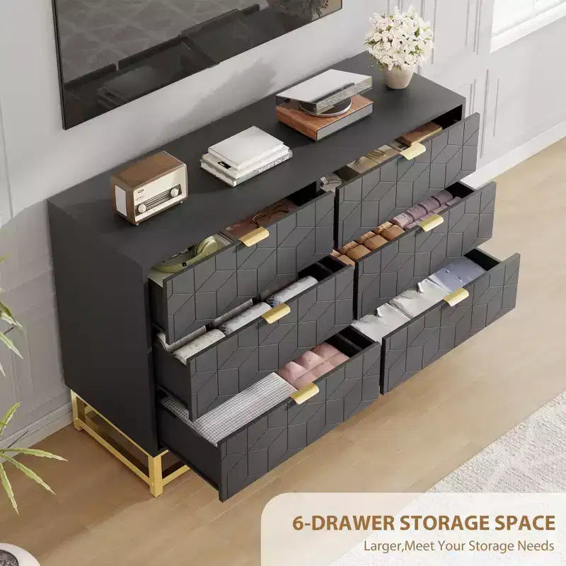 Cassettiera per Camera da Letto, Cassettiera Larga a 6 Cassetti in Legno con Gambe in Metallo, Organizzatore Moderno
